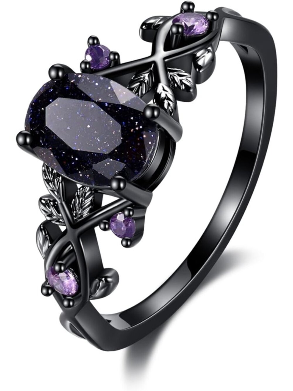 Gothic Blue Sandstone Leaf Ring - 18K Black Gold Plated Vine Promise Band